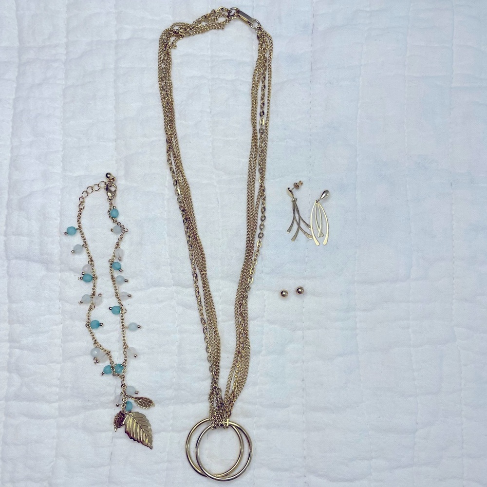 Gold necklaces w/hoops, Gold Bracelet w/white & blue stones & 2 sets of earrings